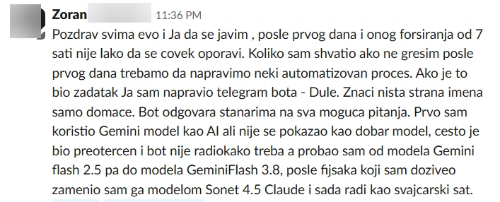 Poruka polaznika radionice o izgradnji Telegram bota