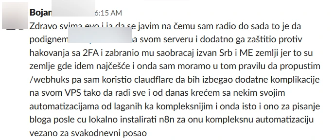 Poruka polaznika o podizanju i zaštiti sopstvene n8n instance