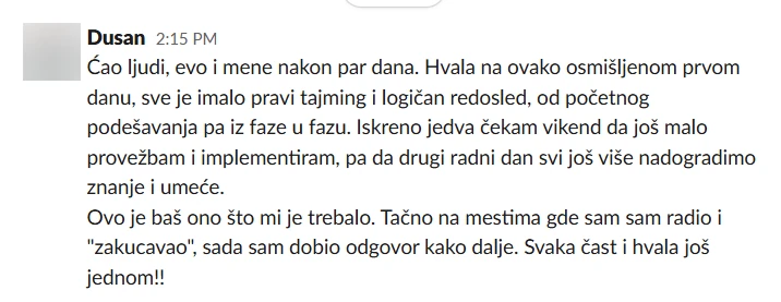 Poruka polaznika o tajmingu i redosledu radionice